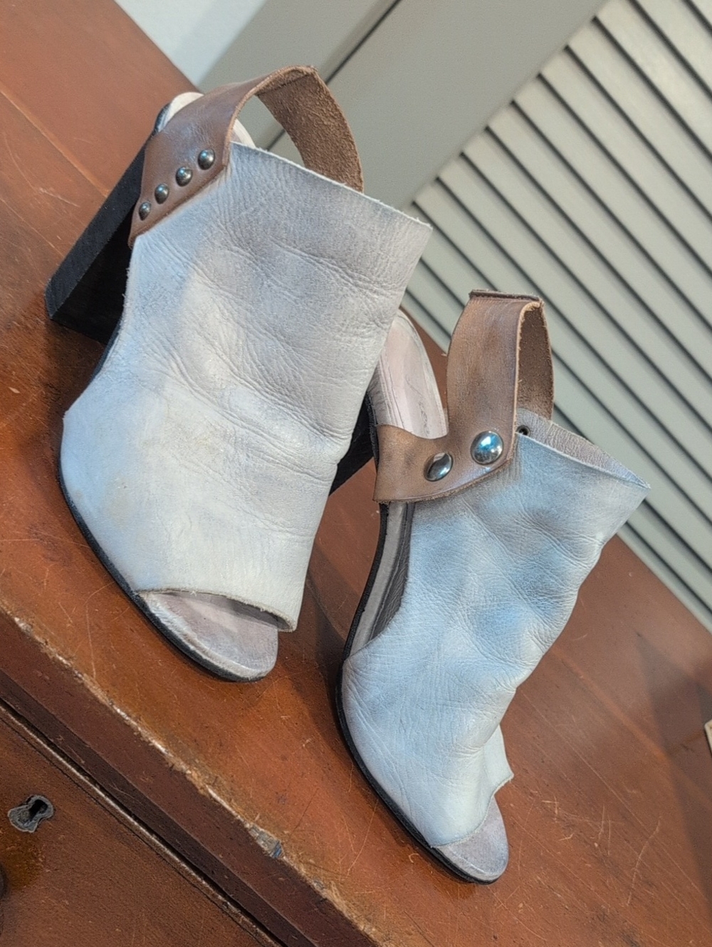 Free People Gray Leather Open-Peep Toe Block Heel Mules with Brown Strap